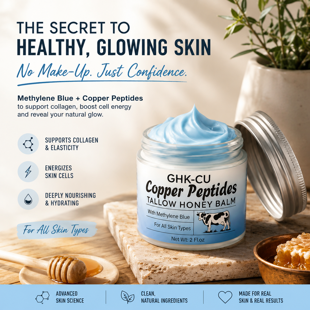 MTGBO Copper Peptides GHK-Cu Beef Tallow Honey Balm: Anti Aging Blue Balm with Methylene Blue, Manuka Honey & Vitamin E – 2 oz